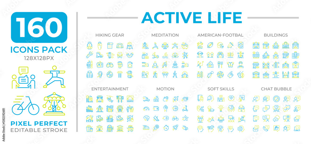 Poster active life two color line icons set collection. integrating physical activity into everyday routine