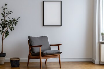 Fototapeta premium Home Interior with Armchair, Frame, Houseplant, and Parquet Floor, White Wall