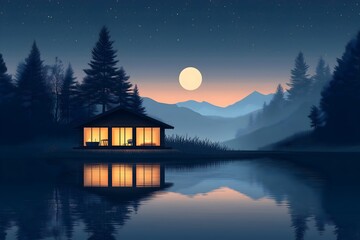 Fototapeta premium Experience tranquility at a serene wellness retreat by the lake surrounded by mountains during dusk