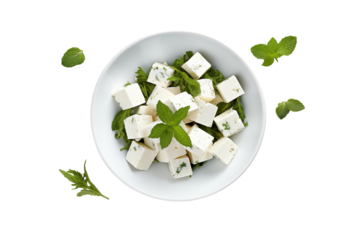 A white bowl filled with cubed feta cheese and green herbs on a  with mint leaves on transparent background png