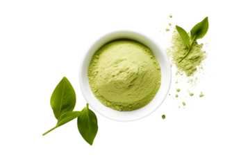 A top view of matcha powder in a white bowl with green leaves on a  studio shot on transparent background png