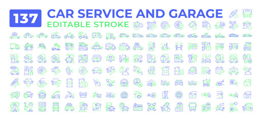 Car service and garage two color line icons set collection. Maintenance checkup of vehicle. Automobile repair shop bicolor outline mega pack isolated. Duotone thin lineart. Editable stroke