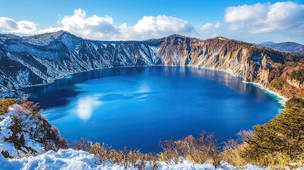 Stunning aerial view of a crater lake surrounded by mountains