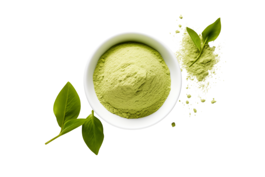 A top view of matcha powder in a white bowl with green leaves on a  studio shot on transparent background png