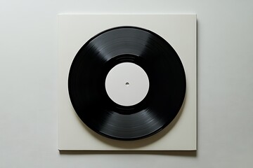 Glossy Black Vinyl Record with White Label on Album Cover and white background