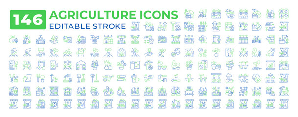 Agricultural two color line icons set collection. Farm husbandry improvement. Agribusiness technological solutions bicolor outline mega pack isolated. Duotone thin lineart. Editable stroke © IMG visuals icons