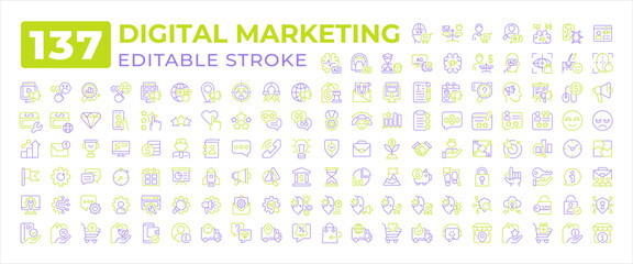 Digital marketing two color line icons set collection. E business tools. Electronic commerce development planning bicolor outline mega pack isolated. Duotone thin lineart. Editable stroke