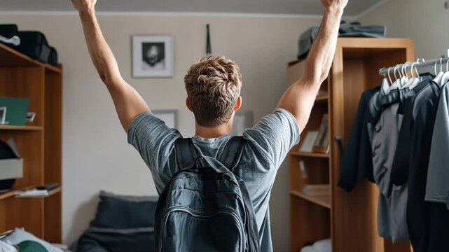A first-year college student moving into a dormitory, excited to start a new chapter.