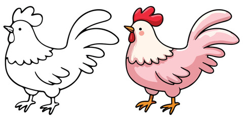 Chicken Line Art Vector Outline Illustration Black and White with Coloring Sample