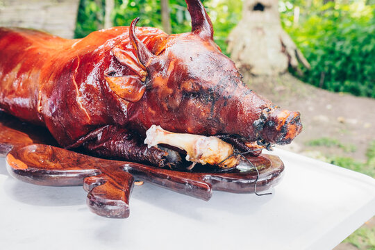 Close-up of the popular, delicious and crispy roasted pig known as "lechon baboy" (in the Philippines, Spain, Cuba, etc.) on white table. Selective focus. Copy space.
