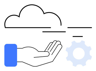 Open hand under cloud icon with gear symbol, signifying cloud services, support, and automation. Ideal for technology, innovation, cloud solutions, service, IT optimization and digital