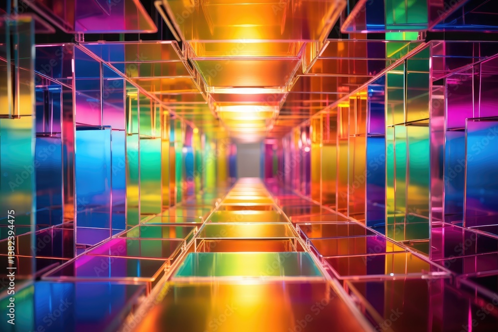 Poster exploring the vibrant depths of a metallic cube frame with a rainbow of colors shining through from 