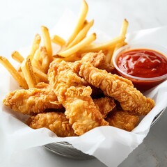 Crispy fried chicken tenders and fries with dipping sauce