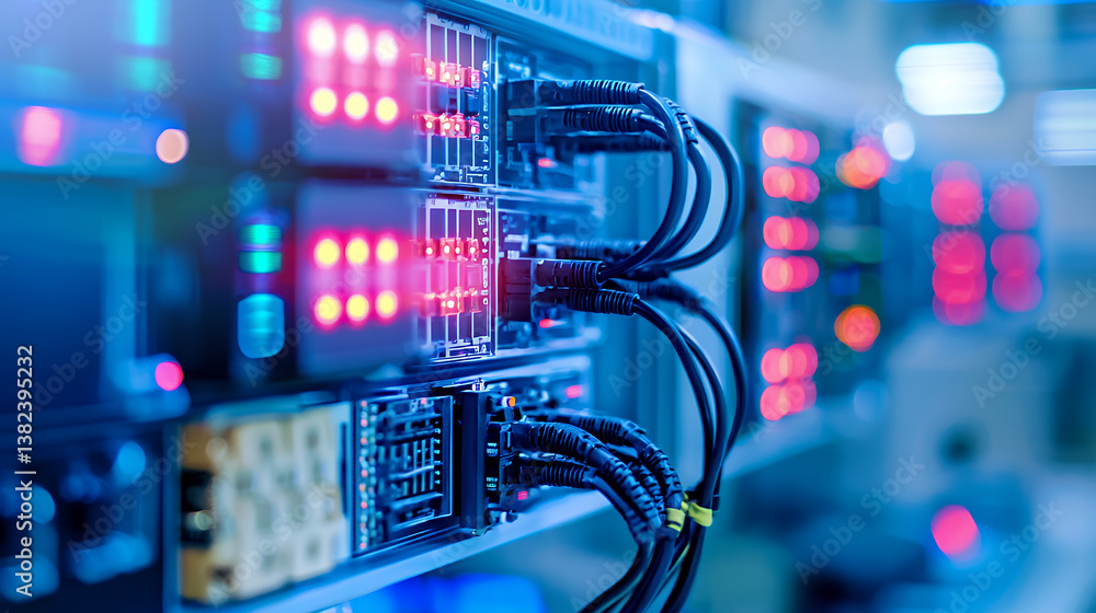 Poster high tech server equipment with illuminated indicators and connected cables, showcasing modern techn