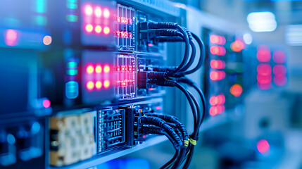 High tech server equipment with illuminated indicators and connected cables, showcasing modern technology and data processing capabilities
