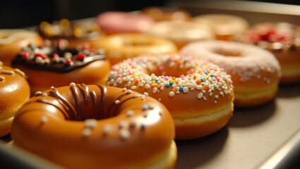 Perfectly Arranged Donuts in Sharp Focus – Variety of Toppings and Flavors