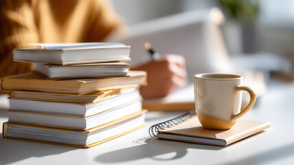 Naklejka premium stack of books and notebook on bright desk with coffee cup, evoking focus and productivity