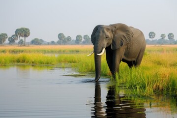 Obraz premium A peaceful African elephant wades through the waters of Chobe National Park in Botswana, capturing the essence of wildlife in a serene natural habitat during early morning light