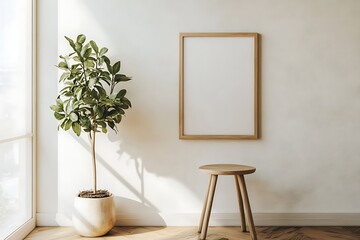 Interior with White Wall, Wooden Frame, Stool, Plant Pot and Parquet Floor