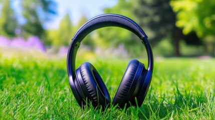 Naklejka premium Stylish Headphones on Lush Green Grass