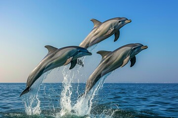Fototapeta premium Dolphins joyfully leaping above sparkling blue ocean waters during a bright sunny day, showcasing their agility and playful nature in a serene marine environment