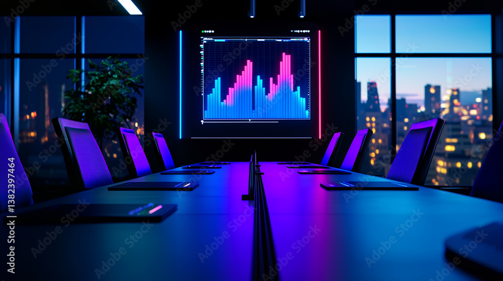 Poster modern conference room with sleek design, featuring large screen displaying colorful data visualizat