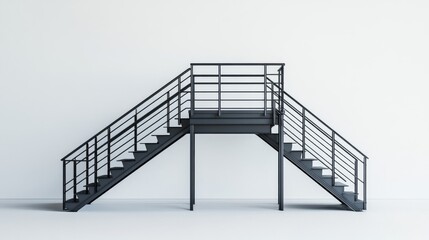 17.A side perspective of a black metal double stair structure with sharp geometric lines, isolated against a plain white surface for a bold presentation.