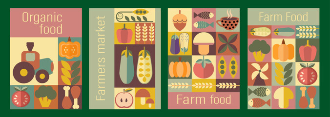 Collection of farm food and farmers market. Set Farm Food and Organic Market Posters. Minimal abstract elements.