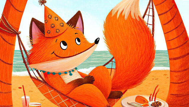 A cheerful fox wearing a party hat lounges in a hammock on a tropical beach, enjoying food and drinks. The whimsical, colorful illustration is great for children's books, greeting cards, and decor.