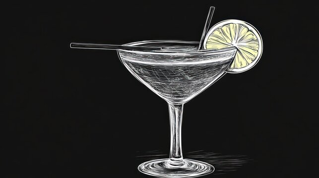 Chalk-drawn cocktail, lemon garnish, dark background