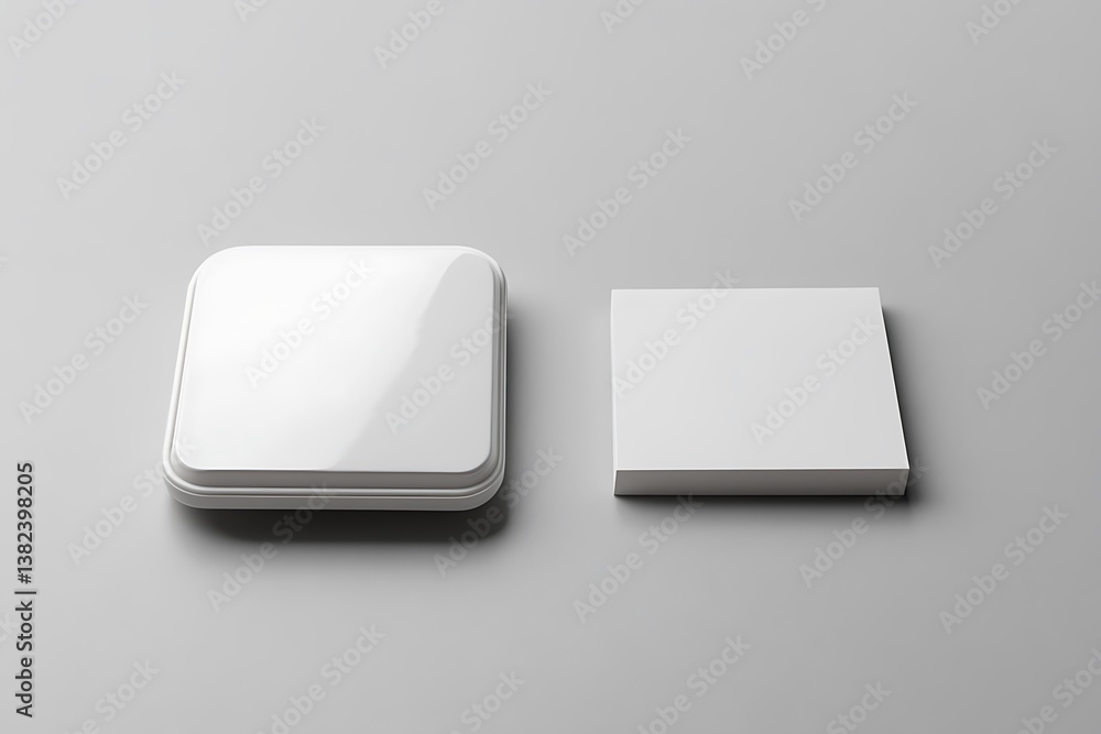 Poster minimalist arrangement with glossy white container and matte box on gray backdrop