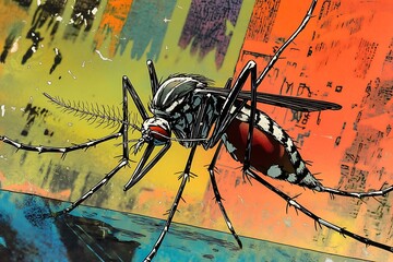 High-resolution image of an Aedes aegypti mosquito on a vibrant comic book cover.