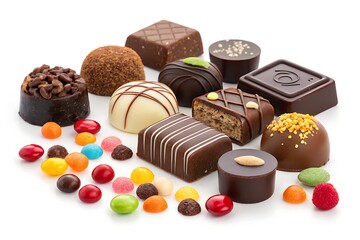 A rich collection of assorted chocolates and candies, isolated on a white background, perfect for branding and advertising.