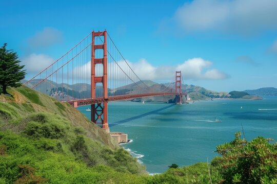 A picturesque view of the Golden Gate Bridge spanning the bay in San Francisco, showcasing its iconic design against a backdrop of hills and a clear blue sky