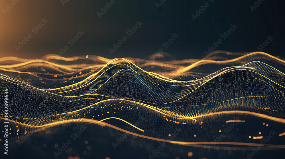 Poster abstract navy blue and gold waves with glowing lines and dots create futuristic and elegant design