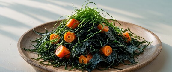 Dark Green Seaweed Salad with Orange Carrots on Wooden Plate