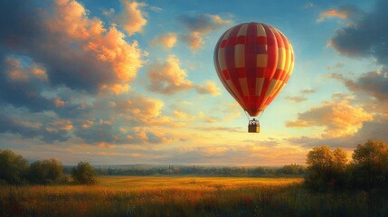 Naklejka premium Skyward Journey: A vibrant hot air balloon drifts serenely across a canvas of a stunning sunset, evoking a sense of adventure and freedom in the heart of nature.