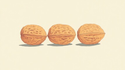 Three walnuts, illustrated, on beige background