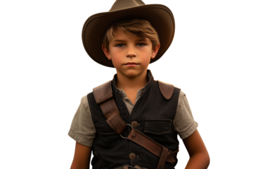 Portrait of a young boy wearing a cowboy hat and a vest with a serious expression on his face on transparent background png