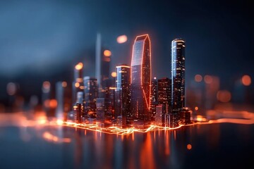 Fototapeta premium Abstract city skyline with illuminated buildings against a dark background.