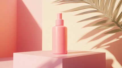 Pink spray bottle on pastel podium, sunlit