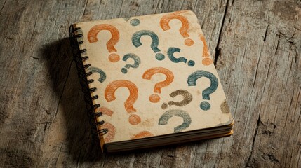 A spiral notebook adorned with colorful question marks on a wooden surface symbolizes curiosity and inquiry, Ideal for educational content, brainstorming sessions, or motivational materials,