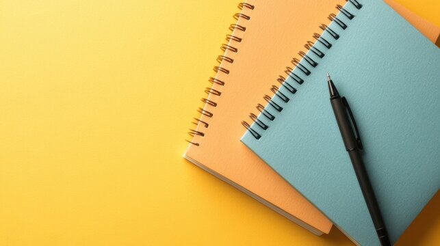 Colorful spiral notebooks in orange and blue with a black pen against a vibrant yellow background, ideal for creative, educational, or organizational projects, enhancing productivity and inspiration,