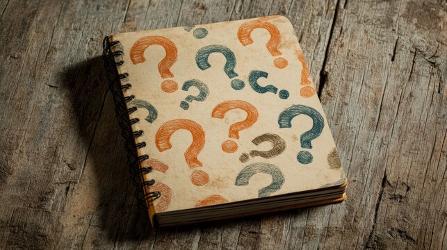 A spiral notebook adorned with colorful question marks on a wooden surface symbolizes curiosity and inquiry, Ideal for educational content, brainstorming sessions, or motivational materials,