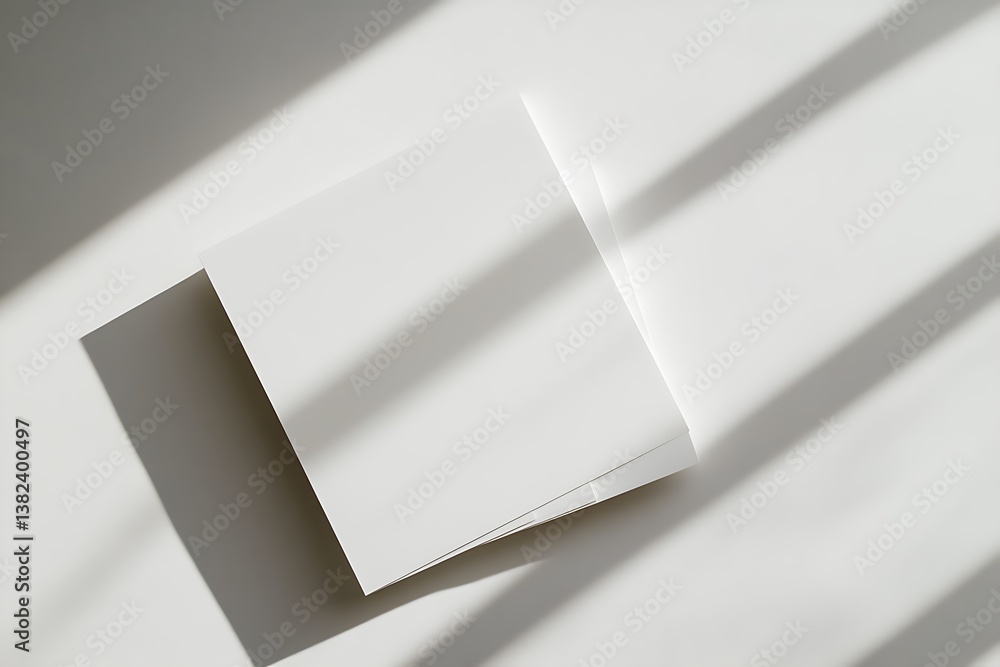 Aufkleber minimalist papers stack on white table with dynamic shadow overlay and clean aesthetic