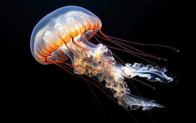 Orange Tentacled Jellyfish in Dark Water