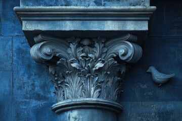 Intricate stone capital with acanthus leaf carvings adorns a classical column, a small bird statue nearby.