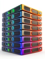 A stack of vibrant, modern storage devices with glowing indicators, suitable for technology-related projects, data management, or cloud services visualizations,