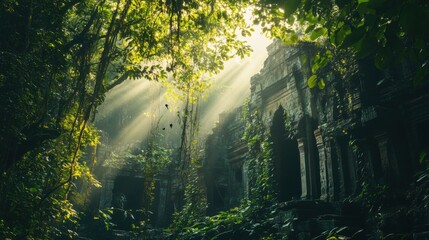 Obraz premium dense jungle with ancient ruins covered in vines, 