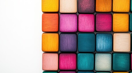 Fototapeta premium Vibrant wooden blocks in assorted colors are neatly arranged on a surface, showcasing a playful and artistic design, This image is perfect for educational materials, art projects